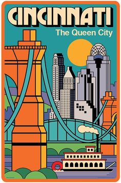 an old poster with the name cincinnati in it's center and cityscape