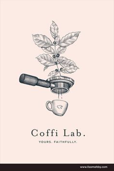 illustration of coffee leaves and beans being filtered into a coffee cup drawn in black and white on a pink background Coffee Merch, 42 Tattoo, Vintage Coffee Shops, Coffee Shop Logo Design, Cute Coffee Shop, Cafe Posters, Coffee Shop Logo