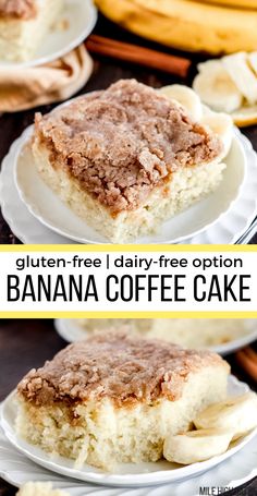 banana coffee cake on white plates with text overlay