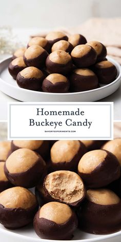 homemade buckeye candy on a plate with the title overlaying it's image