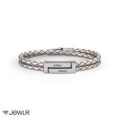 Show off your style with our leather bracelet featuring an engravable sterling silver interlocking rectangle. This double-wrap braided leather bracelet includes a silver clasp closure and is available in small, medium, or large for the perfect fit. Personalize yours with up to two engravings and choose from pearl white, black, or tan leather. Valentines Sale, Mens Engagement, Braided Leather Bracelet, For Sale Sign, Metal Bracelets, Braided Leather, Gift Collections, Pearl White, Tan Leather