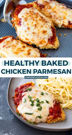 healthy baked chicken parmesan on a plate with pasta