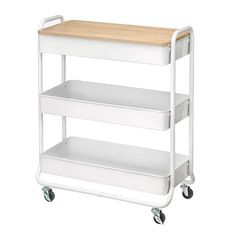 three tiered serving cart with wood top and wheels, white finish by urban surfaces