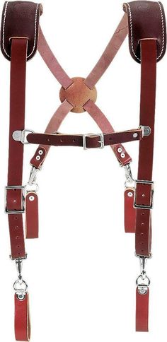 a pair of leather suspenders with metal buckles on each side and two different colored straps