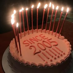 a birthday cake with lit candles on it that says since 20 and 30 years old