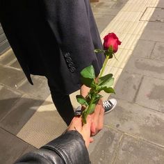 a person holding a red rose in their hand on the sidewalk with other people nearby