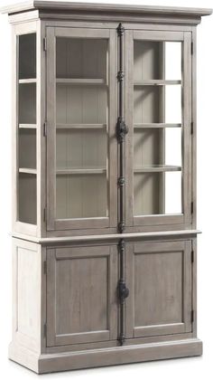 an old style china cabinet with glass doors and drawers on the front, in grey