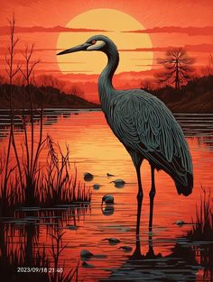 a painting of a large bird standing in the water at sunset, with trees and rocks around it