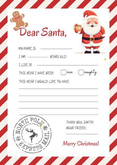 a christmas letter to santa is shown in red and white striped paper with an image of a