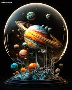 the solar system in a glass globe with planets and stars around it, all on black background