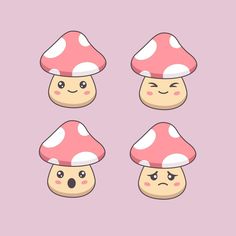 four different types of mushrooms with faces on them, one is pink and the other is white