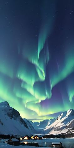 the northern lights shine brightly in the sky above snow covered mountains