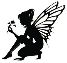 the fairy silhouette on pinterest is black and white with a flower in her hand