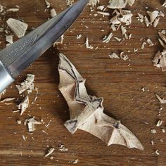 a close up of a bat on a table with wood shavings around it