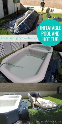 an inflatable pool and hot tub is being installed