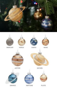 christmas ornaments hanging from a tree with the names of them in different colors and sizes