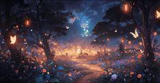 a painting of a forest with lots of lights