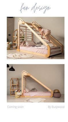 two pictures of a child's bed with a slide in the middle and bottom