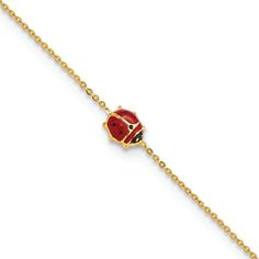 14k yellow gold polished enameled ladybug bracelet. Measures approximately 1/16 of an inch in width, has a 0.75 inch extender, and has a spring ring clasp. Enamel Bracelet Jewelry With Lobster Clasp, Enamel Bracelet With Lobster Clasp, Ladybug Bracelet, Ladybug Jewelry, Gold Polish, Dream Jewelry, Spring Rings, Jewelry Shop, Yellow Gold