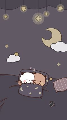 a cat sleeping on top of a bed under a night sky with stars and clouds