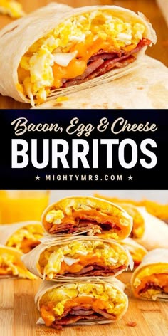 bacon, egg and cheese burritos stacked on top of each other with the title text overlay