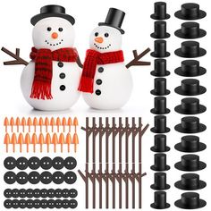 two snowmen are standing next to each other with black pins and needles in front of them