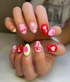 Cute Phone Aesthetic, Trendy Nails For Summer, Unique Almond Nails, Rainbow Nails Designs, Summer Nails Maximalist, Different Design On Each Nail, Short Nail Designs Maximalist, Groovy Valentines Nails, Cute Nail Designs Almond Shape Valentine’s