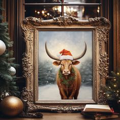 a painting of a cow wearing a santa hat on it's head in front of a christmas tree