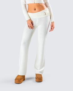 Make any day cuter and cozier with these white knit pants 🤍 Complete with a ribbed fold over top edge and wide leg fit, this piece is the perfect look for grocery store runs, self care days, and everything in between White Wide-leg Bottoms With Ribbed Waistband, White Wide Leg Bottoms With Ribbed Waistband, Chic White Bottoms For Winter, White Wide Leg Pants For Winter, Chic White Winter Bottoms, Cozy White Bottoms For Fall, Cozy White Bottoms For Winter, Chic Ribbed Cotton Bottoms, Spring White Ribbed Pants