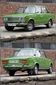 two pictures of an old green car parked in front of a brick building