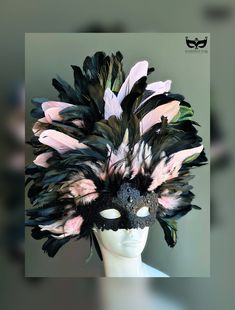 Black lace masquerade mask with pink and black feathers, embellished with lovely black gemstones. Perfect for masquerade parties and festivals! Great conversation piece! Hanging Wall art! S H I P P I N G  -  Last minute masquerade mask shopping? Processed same day or within 24 hours.  1-2 day guaranteed delivery services offered, add items to cart and click on shipping tab for rates.  Pls leave a check out note with your need date & contact number (especially for expedited and custom orders) Msg Venetian Masks Art, Masquerade Party Mask, Elegant Mask, Masquerade Mask Women, Elegant Face Mask, Festival Mask, Black Masquerade, Lace Masquerade Masks, Black Gemstones