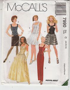 three women's dresses and one woman's dress are shown in this sewing pattern