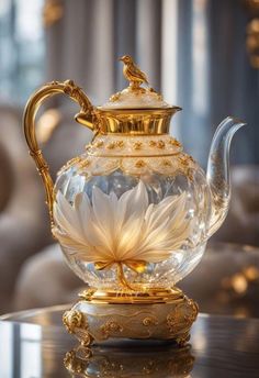 a glass teapot with a gold decoration on the top and bottom sitting on a table