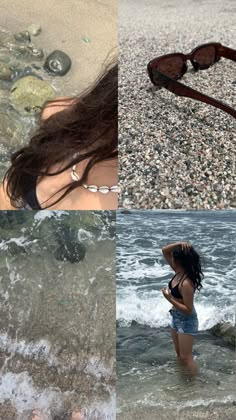 two pictures of a woman standing in the water with sunglasses on her head and rocks in the background