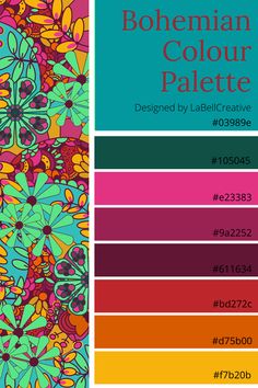 Bold bright bohemian inspired colour palette Colourful Boho Interior, Boho Color Pallet Colour Schemes, Bohemian Inspiration Board, Boho Bright Colors, Boho Paint Schemes, Bohemian Colorful Living Room, Boho Colours Pallet, Bohemian Colour Scheme, Bohemian Color Pallete