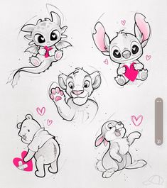 some drawings of different animals and hearts