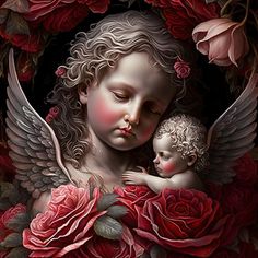 an angel holding a baby surrounded by roses