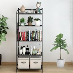 a book shelf filled with lots of books next to a potted plant on top of a hard wood floor