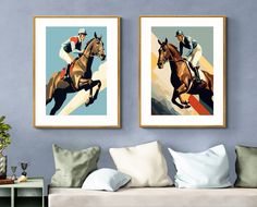 two framed pictures of horses racing each other