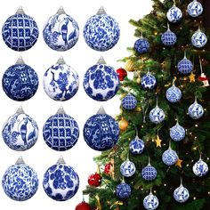 blue and white ornaments are hanging from a christmas tree