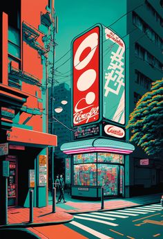 an illustration of a coca cola advertisement on the side of a building in tokyo, japan