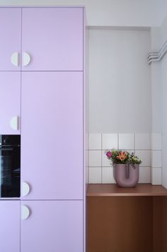 a kitchen with purple cupboards and a potted plant on the counter top in front of it