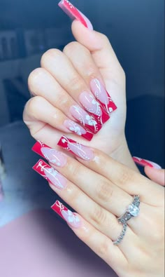 Red Summer Acrylic Nails, Red 90s Nails, Red Square Nails Design, Red Nail Sets, Red Square Acrylic Nails, 90s Nails Acrylic, Red Nail Designs Summer, Red Flower Nails, Baddie Nail Art