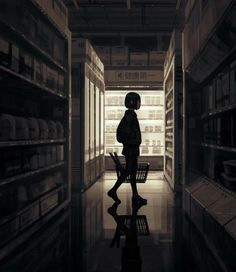 a person standing in the middle of a room with shelves full of boxes and other items