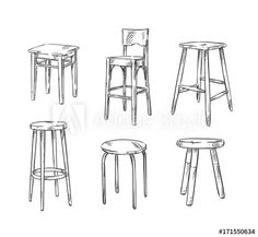 various stools and tables are shown in black and white, including one with a backless seat