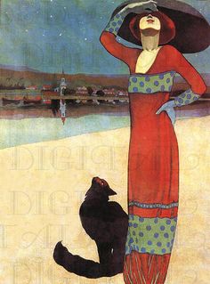 a painting of a woman in a red dress and polka dot hat standing next to a black cat