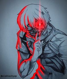 a drawing of an anime character holding his hand up to his face with red light coming from behind him