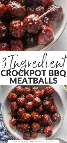 the three ingredient crockpot bbq meatballs are shown in this collage