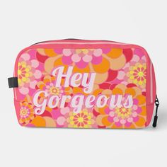 Cute "Hey Gorgeous" bag with retro power flower pattern in bright pink and orange. Colorful Retro Travel Bags, Vintage Pink Pouch Bag, Fun Pink Pouch Bag, Fun Pink Rectangular Bag, Pink Floral Print Pouch Bag, Pink Floral Print Rectangular Bag, Rectangular Pink Floral Print Bag, Preppy Bags, Hey Gorgeous