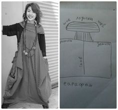 a woman is standing next to a drawing of a dress and the image shows how it would be made